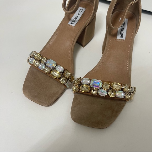 Steve Madden Tan Suede Malay Embellished Ankle Strap Block Heel Sandal New N Box - Picture 14 of 17